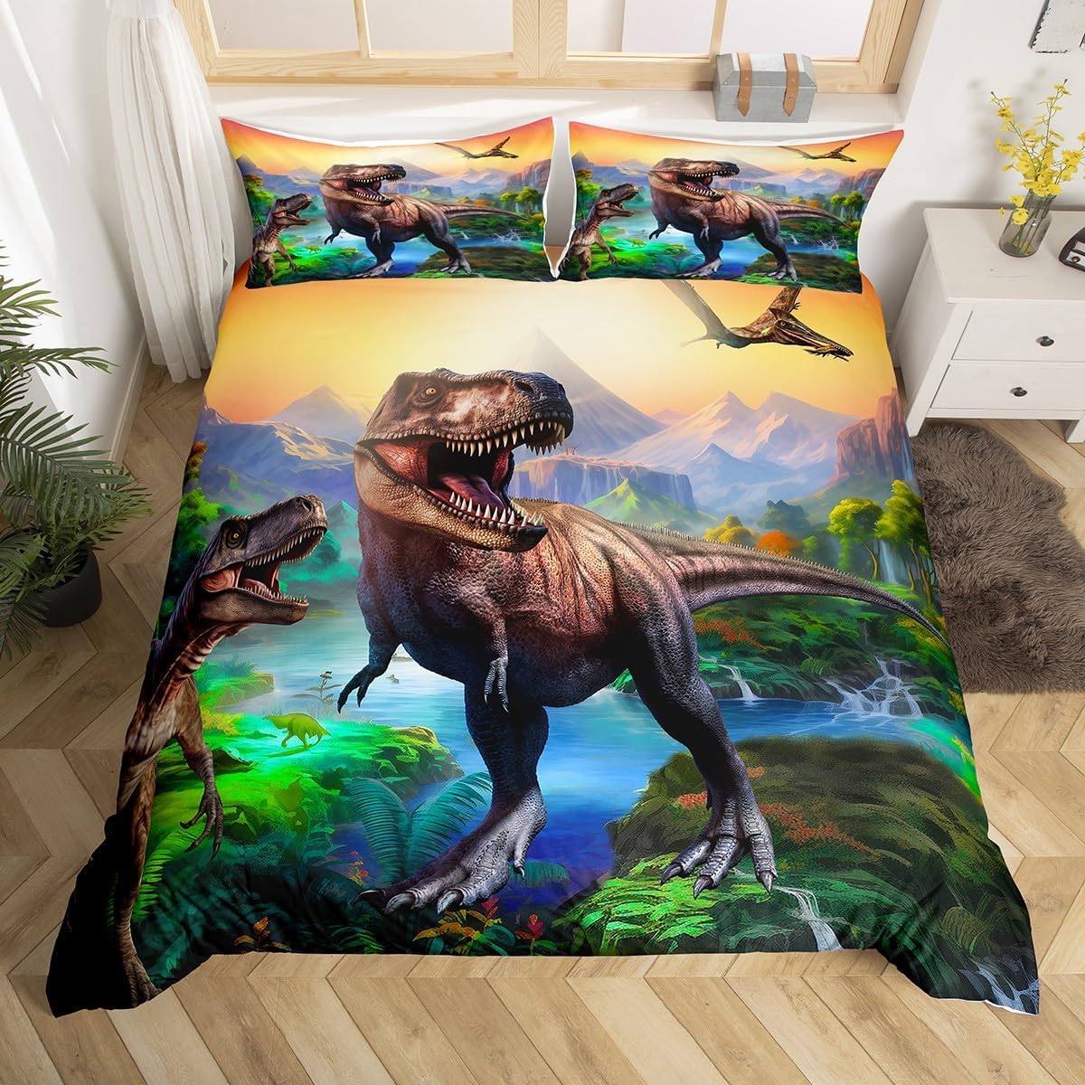3D Printing Quilting - ชุดผ้าปูที่นอนไดโนเสาร์สำหรับเด็ก ลายการ์ตูนป่าดึกดำบรรพ์ พร้อมปลอกหมอน 2 ใบ ผ้าห่มลายสัตว์โบราณ
