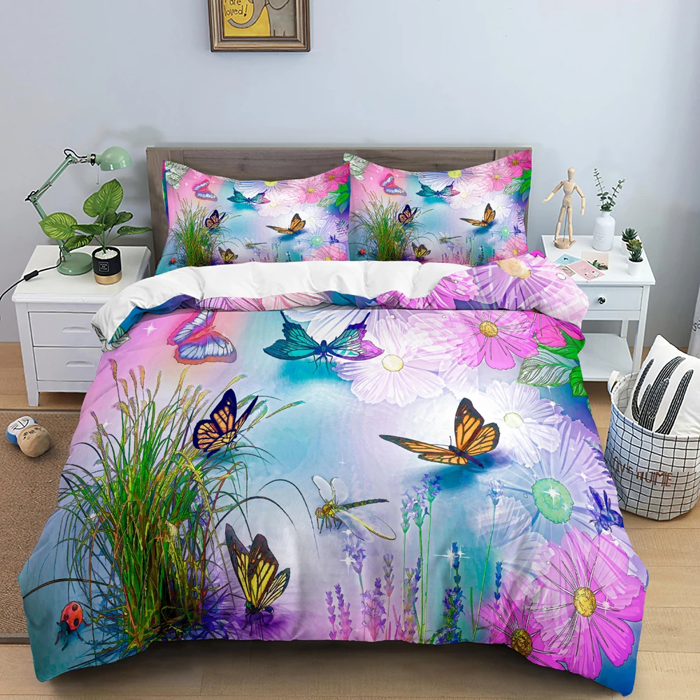 3D Printing Quilting - ผีเสื้อชุดเครื่องนอน 3D ดอกไม้ผ้านวมผ้านวมพร้อมซิป Queen คู่โพลีเอสเตอร์ชุดเด็กสาวคริสต์มาสของขวัญ